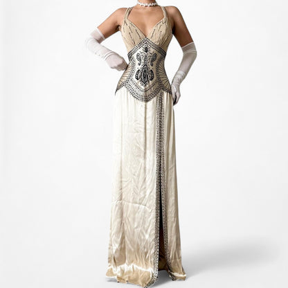 Vintage Ivory Beige Silk Beaded Bodycon Side Slit Maxi Prom Dress Size S/M