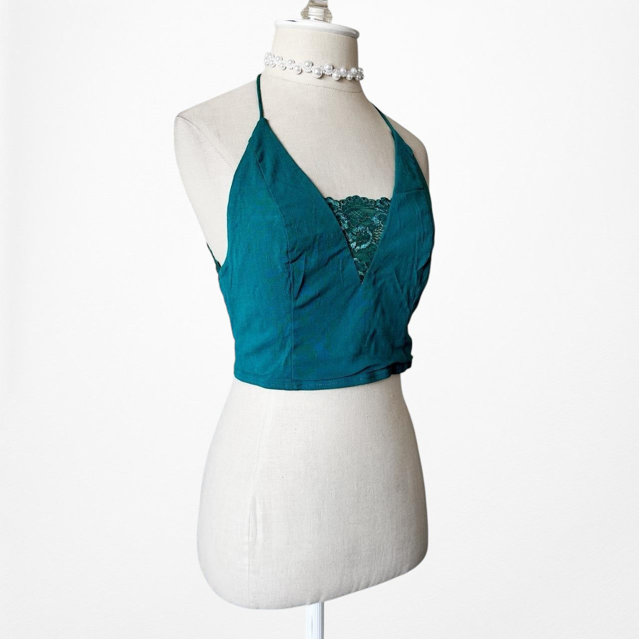 Free People Blue Halter V-Neck Lace Detail Cami Tank Casual Crop Top Size M