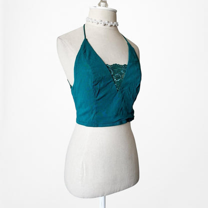 Free People Blue Halter V-Neck Lace Detail Cami Tank Casual Crop Top Size M