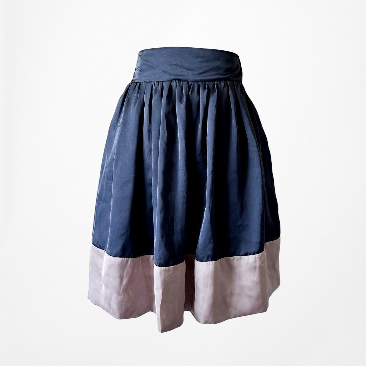 Vintage Y2K Satin High Waisted Navy Blue Silver Knee Length Flared Skirt Size S