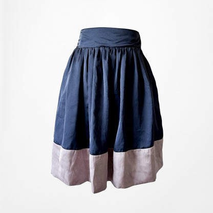 Vintage Y2K Satin High Waisted Navy Blue Silver Knee Length Flared Skirt Size S
