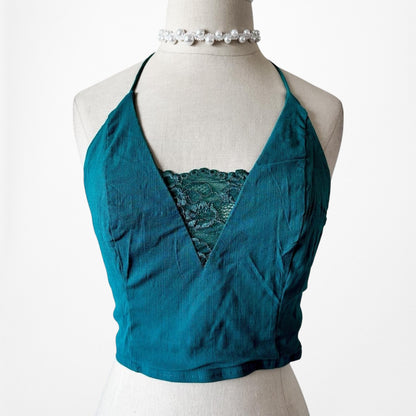 Free People Blue Halter V-Neck Lace Detail Cami Tank Casual Crop Top Size M