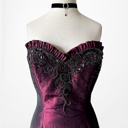 Vintage Burgundy Red Strapless Beaded Satin Ruffle Flared Maxi Prom Dress Size M