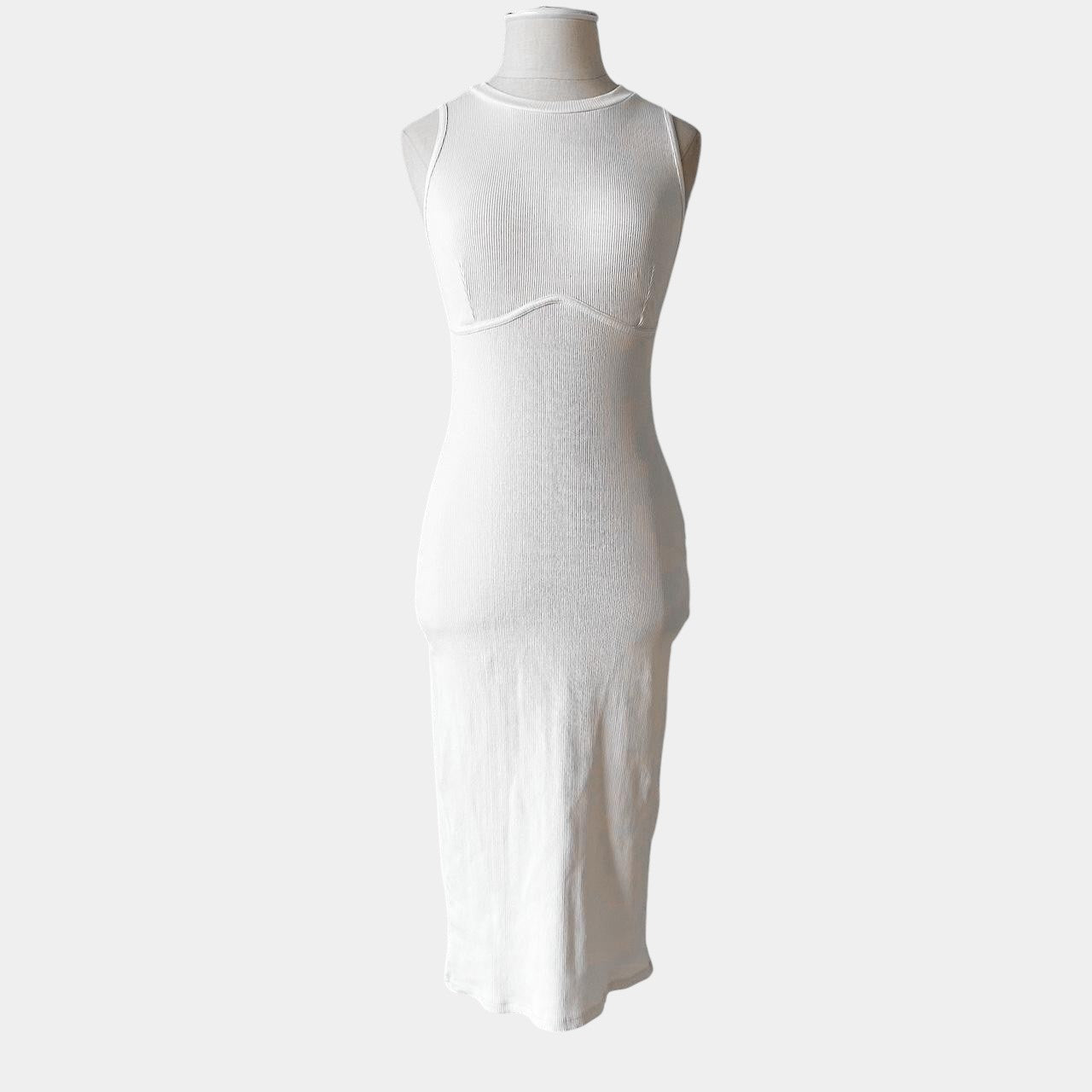 Zara Off White Cream Sleeveless Ribbed Knit Knee Length Bodycon Dress Size S