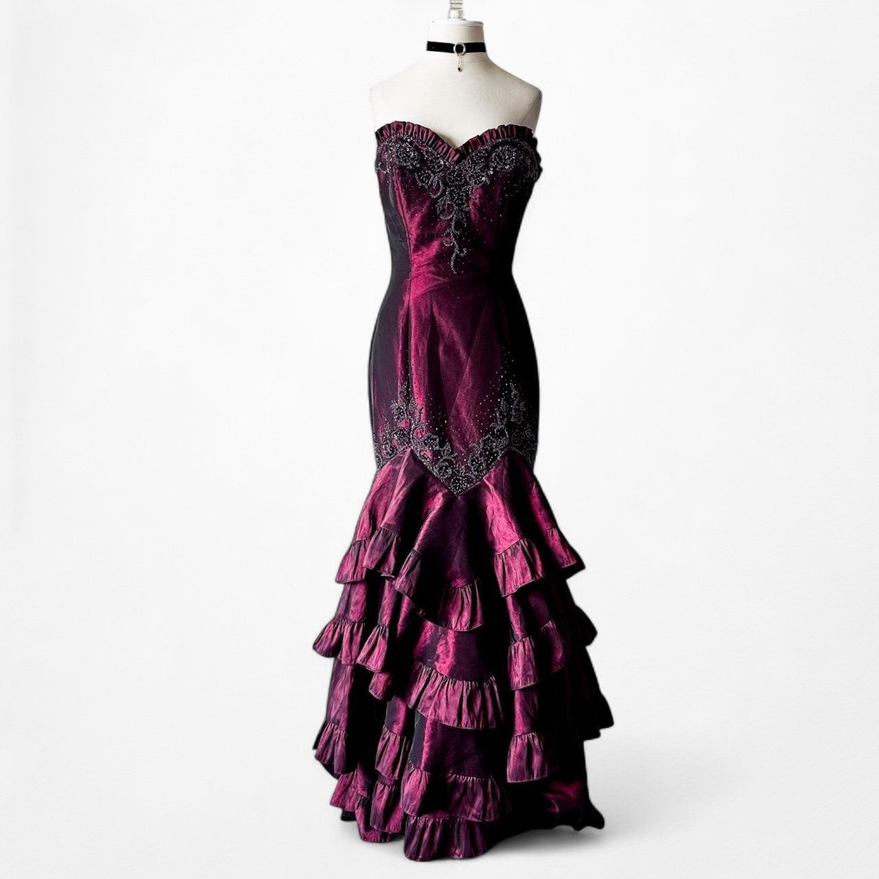 Vintage Burgundy Red Strapless Beaded Satin Ruffle Flared Maxi Prom Dress Size M