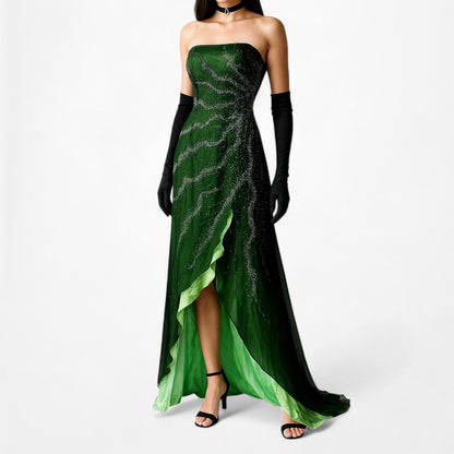 Vintage Green Strapless Silk Beaded High Low Mesh Maxi Flared Dress Size S