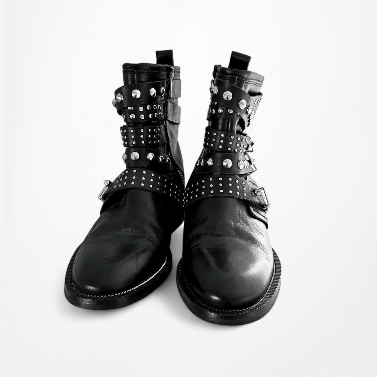 Mango Black Studded Ankle Round Toe Leather Combat Boots Size 6