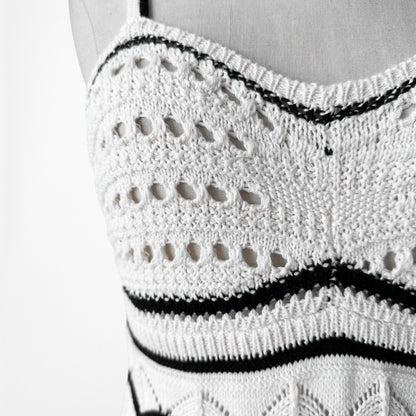 Black White Crochet Knit Bodycon Striped Midi Dress Size S