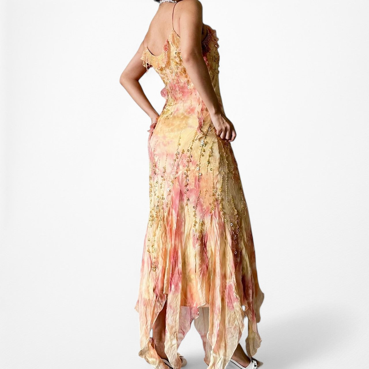 Vintage Pink Yellow Beaded Ruffle Silk Asymmetric Hem Midi Dress Size S