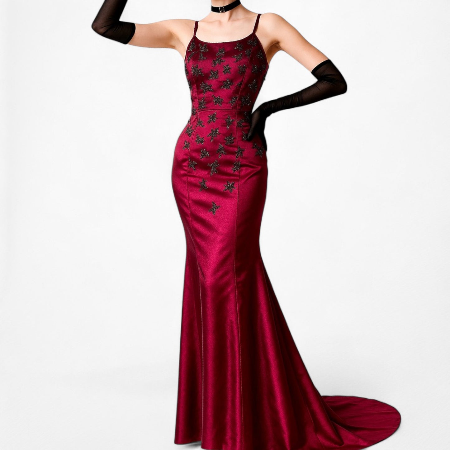 Vintage Burgundy Red Satin Beaded Fit Flared Maxi Prom Dress Size S