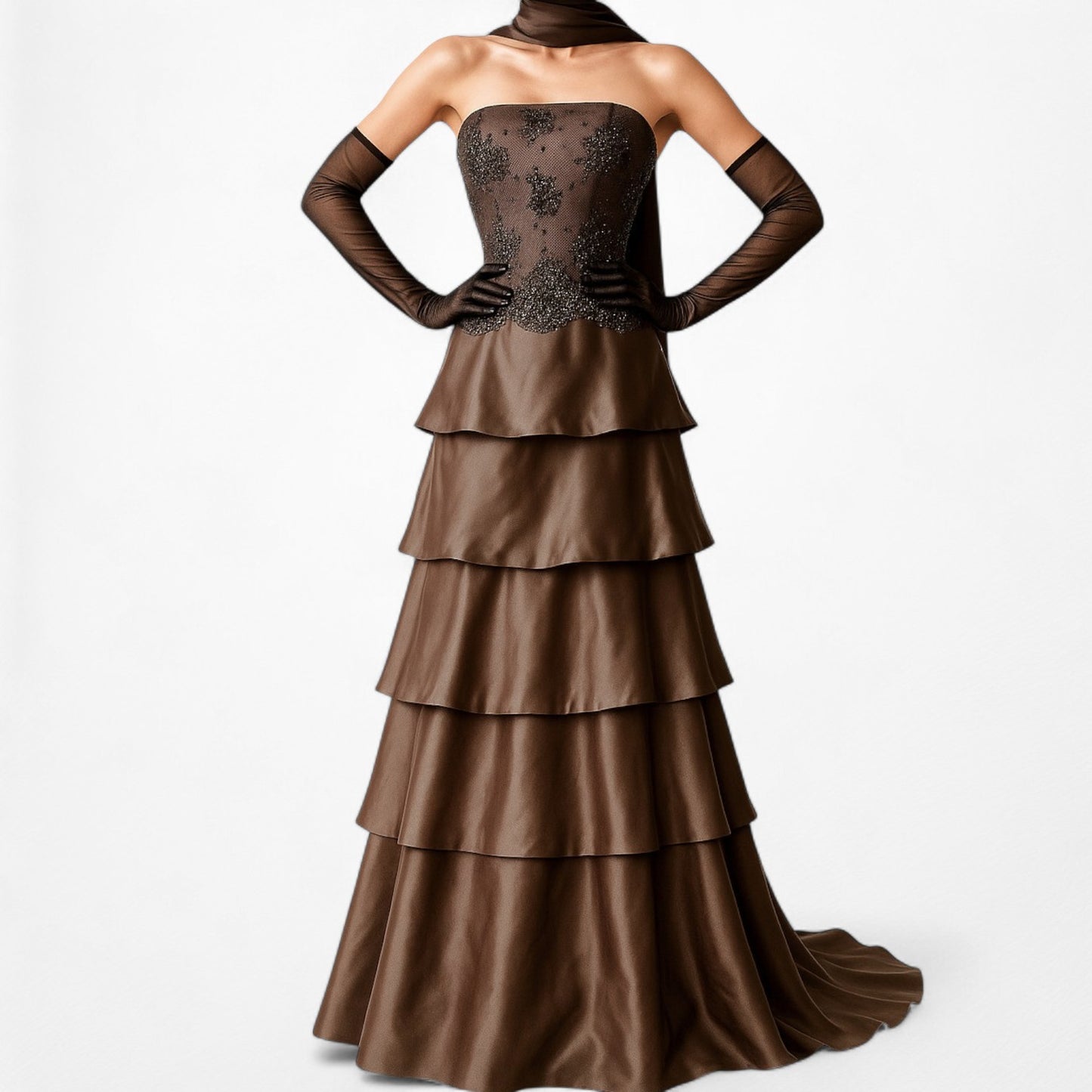 Vintage Brown Silk Strapless Beaded Mesh Ruffle Flared Prom Dress Size M