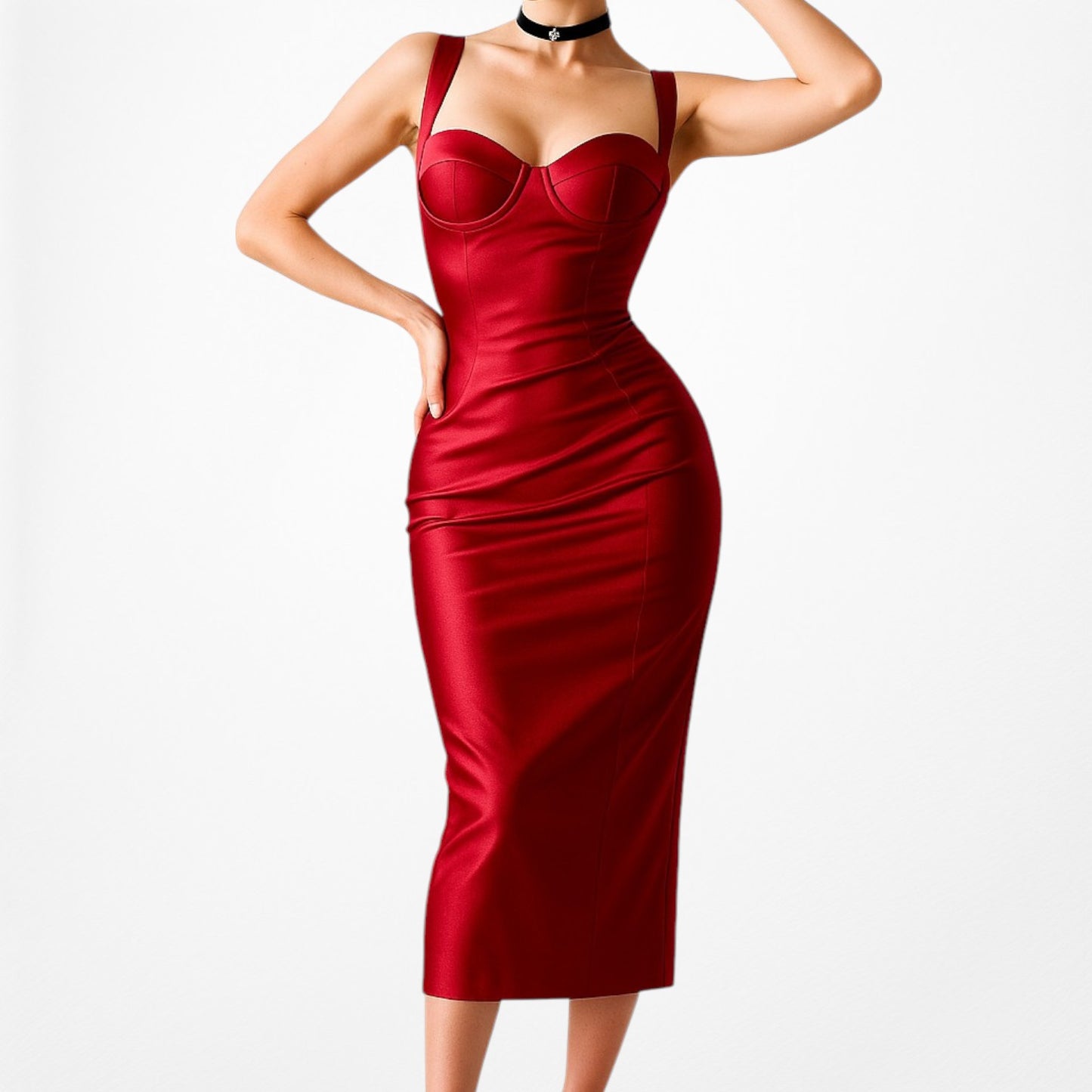 Fashion Nova Red Satin Sweetheart Corset Style Knee Length Bodycon Dress Size M