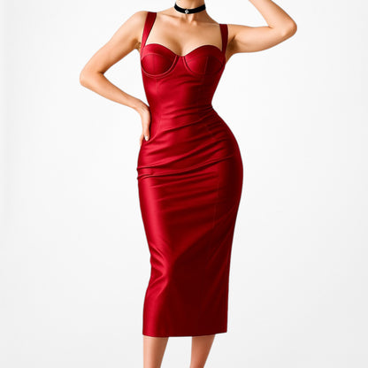 Fashion Nova Red Satin Sweetheart Corset Style Knee Length Bodycon Dress Size M