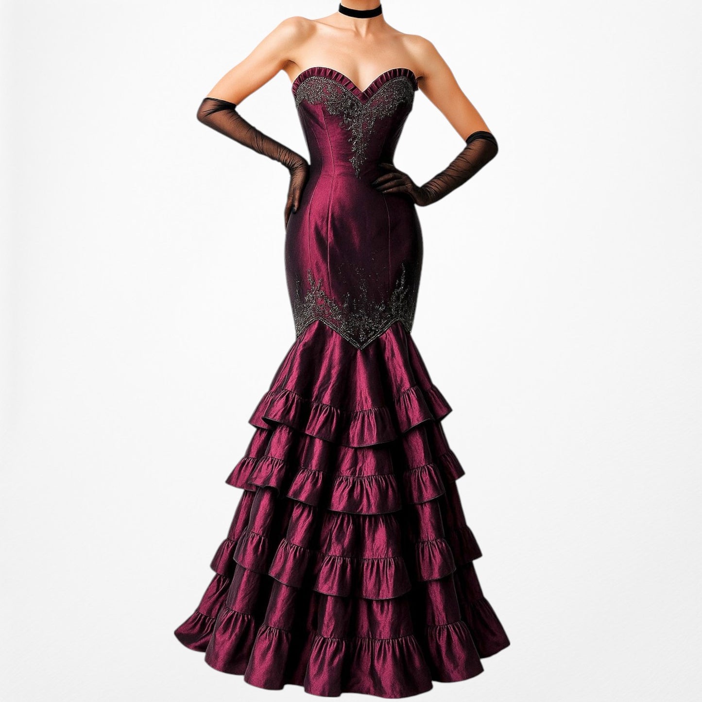 Vintage Burgundy Red Strapless Beaded Satin Ruffle Flared Maxi Prom Dress Size M