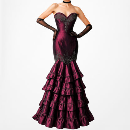 Vintage Burgundy Red Strapless Beaded Satin Ruffle Flared Maxi Prom Dress Size M