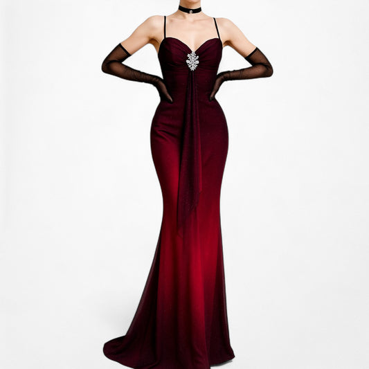 Vintage Burgundy Red Glitter Rhinestone Knit Ruffle Maxi Prom Dress Size M