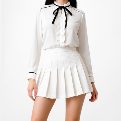 New York & Company White Black Trim Ruffle Long Sleeve Blouse Top Size S