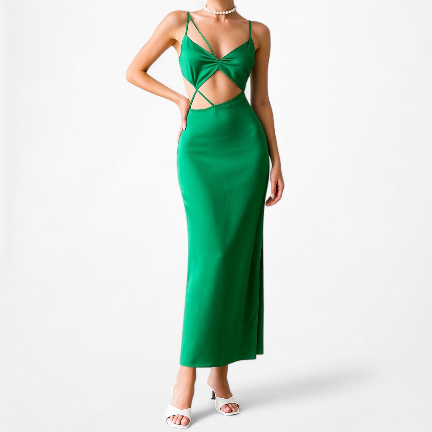 Zara Green Satin Cutout Strappy Side Slit Midi Bodycon Dress Size XS