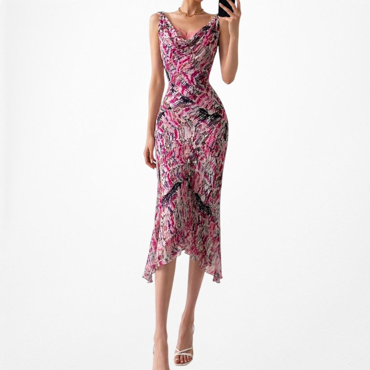Vintage Pink Silk Lace Detail Asymmetric Hem Cocktail Midi Dress Size S/M