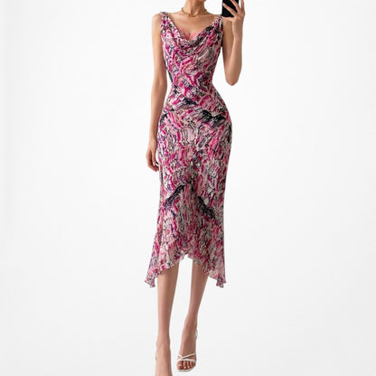Vintage Pink Silk Lace Detail Asymmetric Hem Cocktail Midi Dress Size S/M