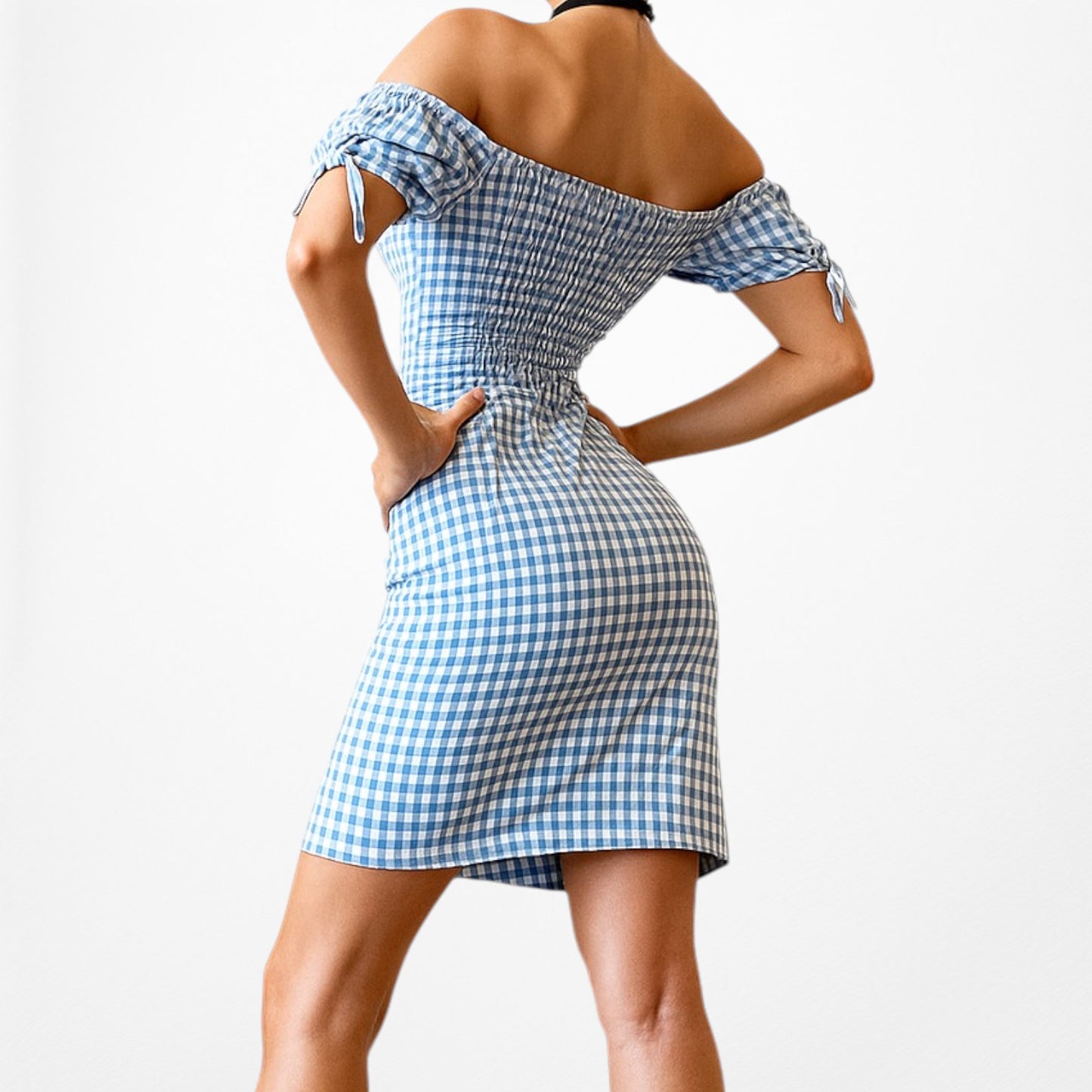 Endless Rose Blue Off The Shoulder Checkered Plaid Button Down Mini Dress Size S