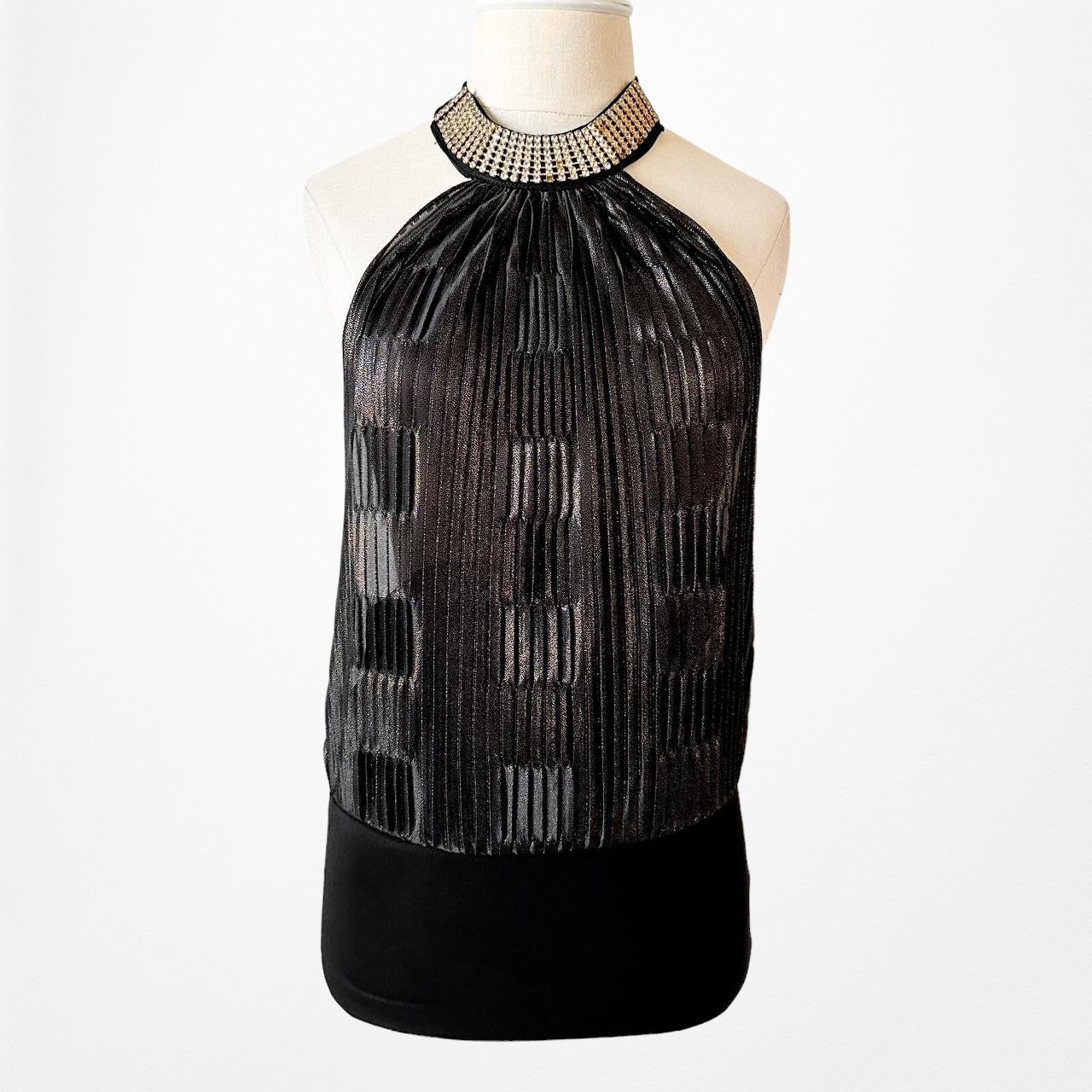 Monaco Black Pleated Rhinestone Collar Sleeveless Knit Blouse Top Size M