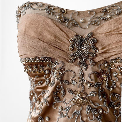 Vintage Brown Silk Beaded Flared Side Slit High Low Maxi Prom Dress Size S/M