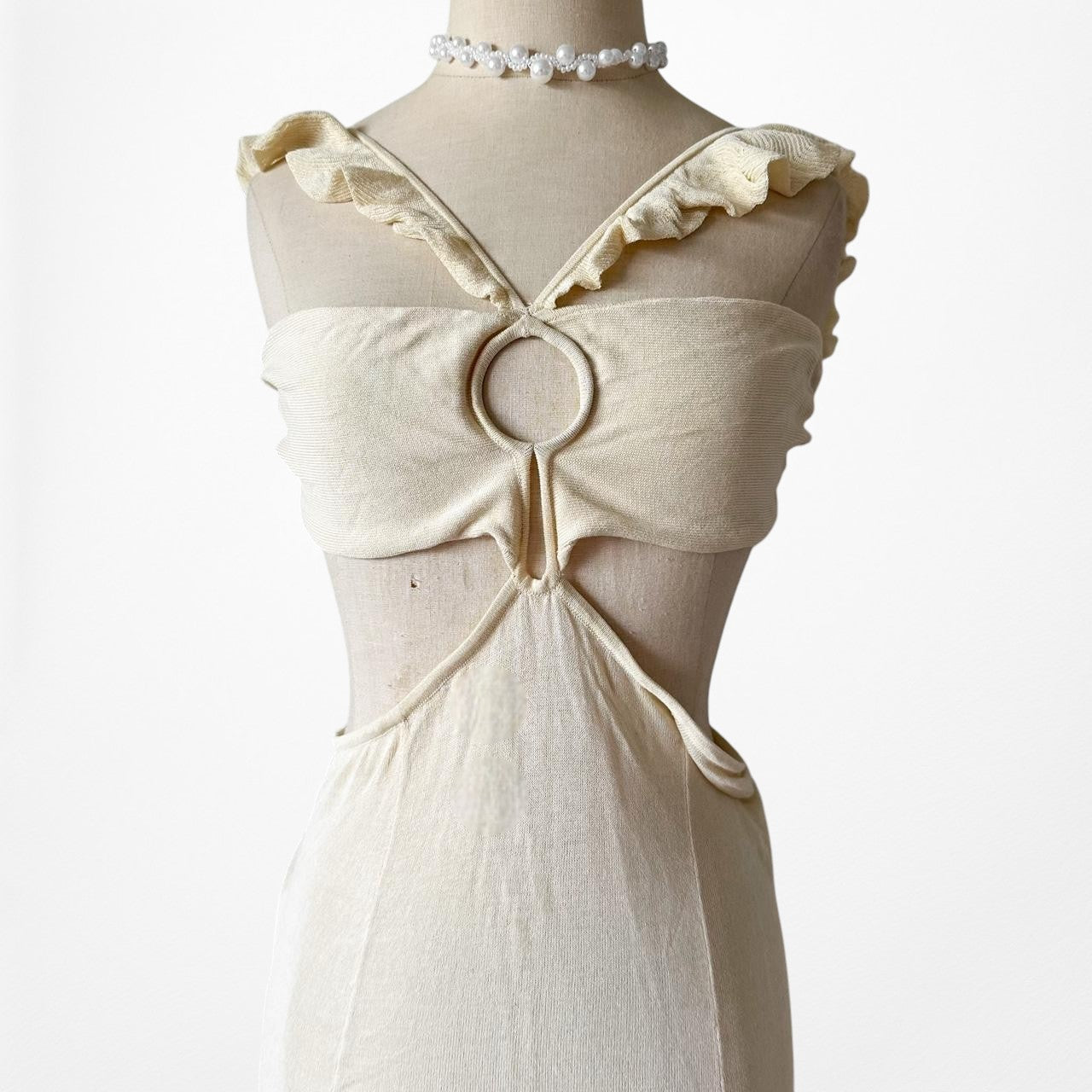 Off White Cream Cutout Ruffle Knit Maxi Bodycon Dress Size M