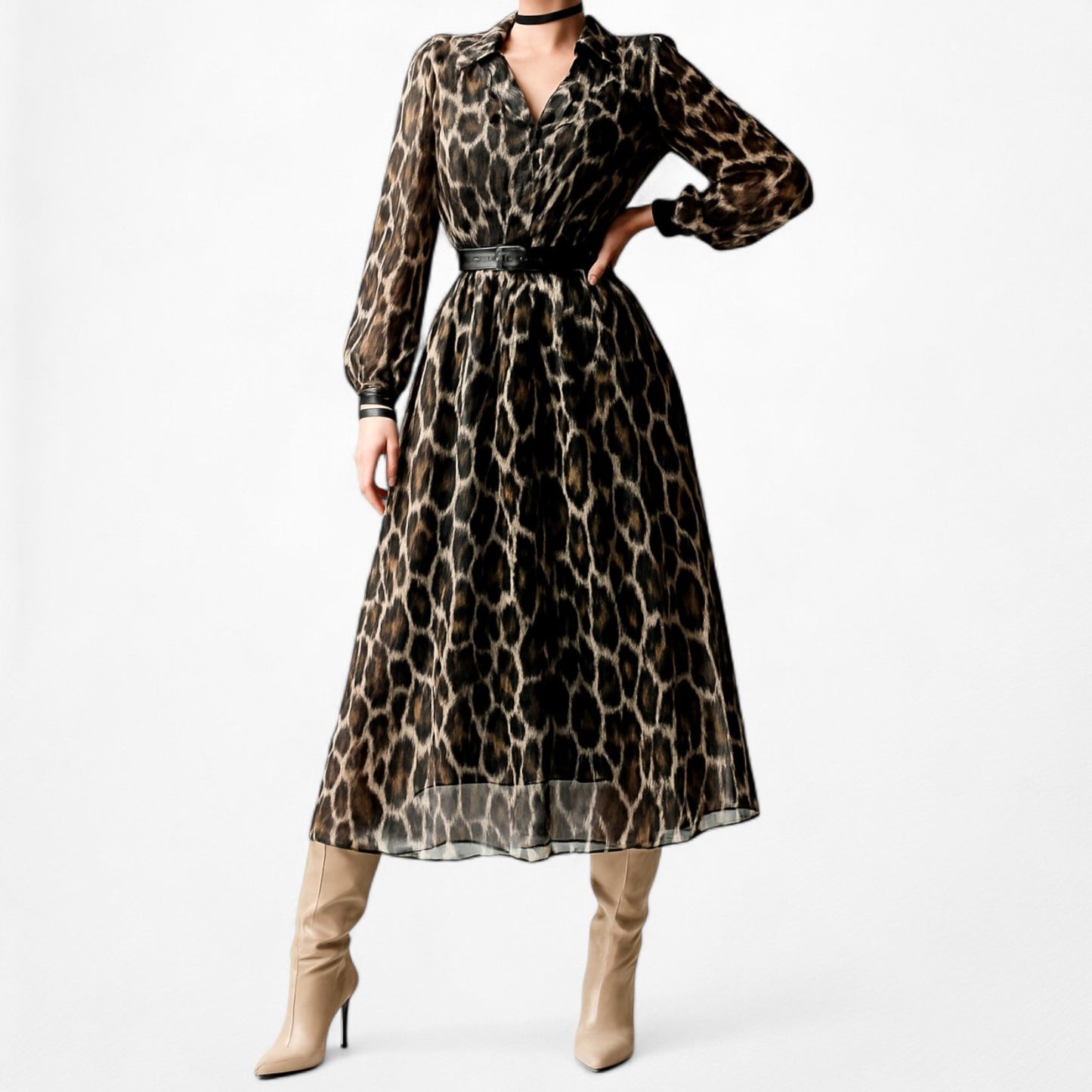 Anne Klein Brown Animal Leopard Print Long Sleeve Knee Length Shift Dress Size M