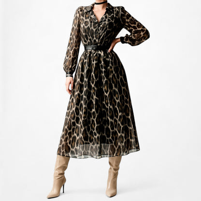 Anne Klein Brown Animal Leopard Print Long Sleeve Knee Length Shift Dress Size M