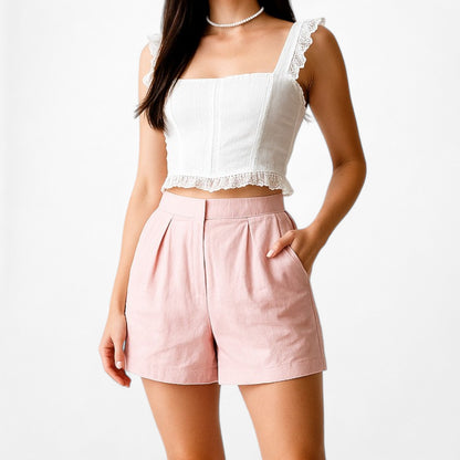 ASOS Pastel Pink Pleated High Waisted Casual Linen Summer Shorts Size 0/XS/S
