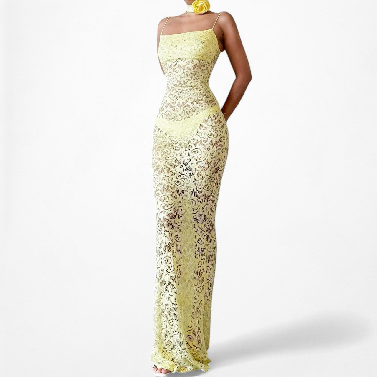 White Fox Boutique Yellow Sheer Lace Maxi Bodycon Dress Flower Neck Tie Size XS