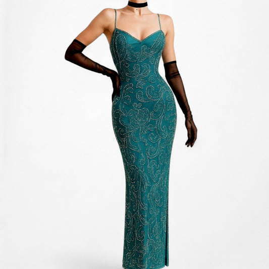 Vintage Teal Blue Silk Beaded Maxi Bodycon Side Slit Prom Dress Size M