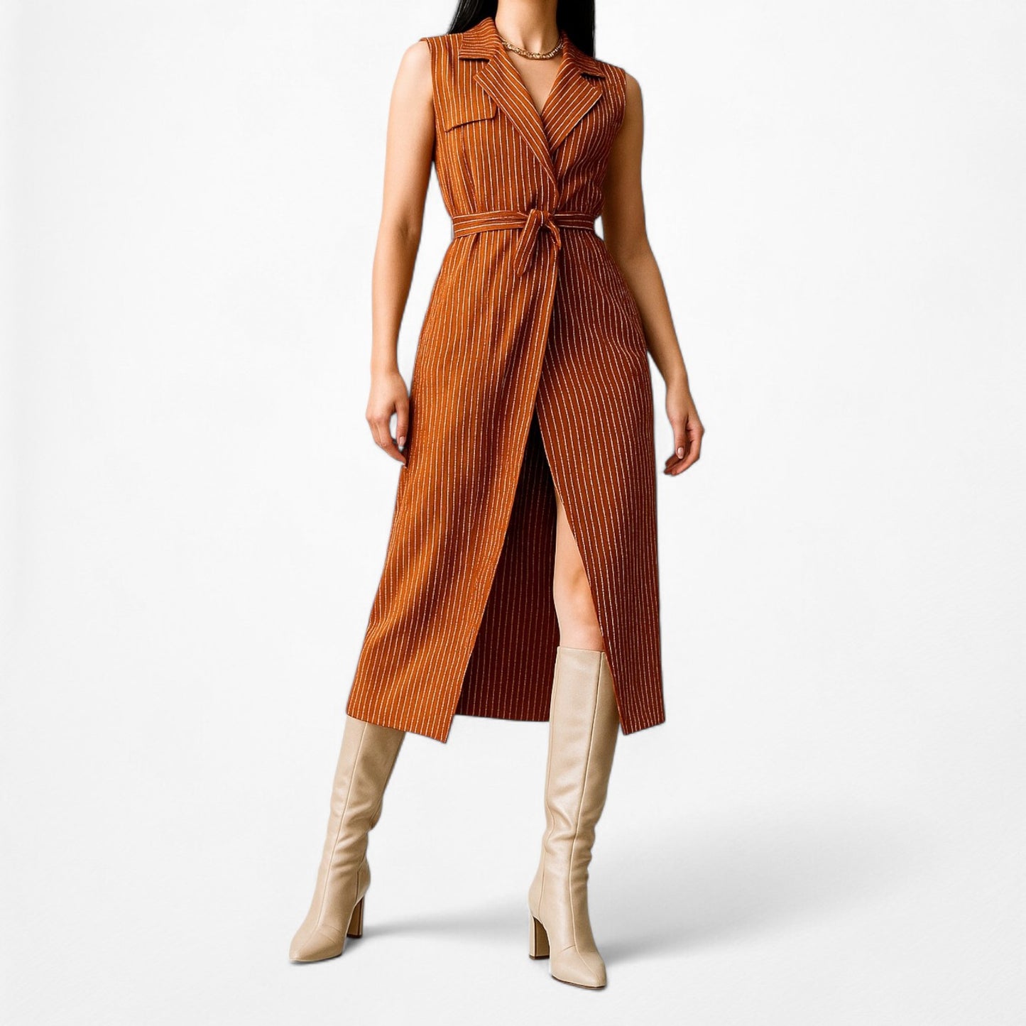 Mango Sleeveless Striped Waist Tie Trenchcoat Vest Midi Dress Size XS/S/M