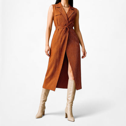 Mango Sleeveless Striped Waist Tie Trenchcoat Vest Midi Dress Size XS/S/M