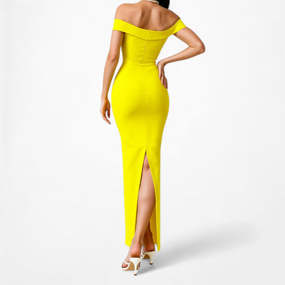 Neon Yellow Off The Shoulder Thick Knit Bodycon Maxi Formal Dress Size XS/S
