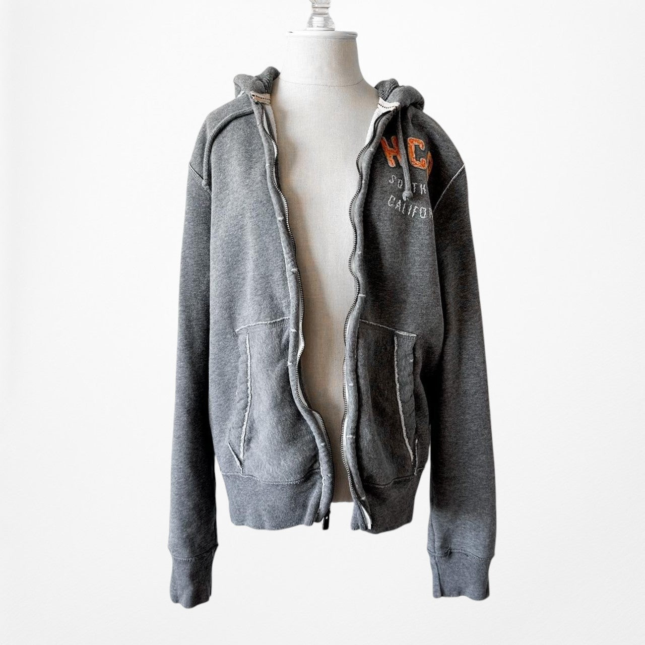 Hollister Gray Men's Distressed Destroyed Zip Up Hoodie Sweater Size M