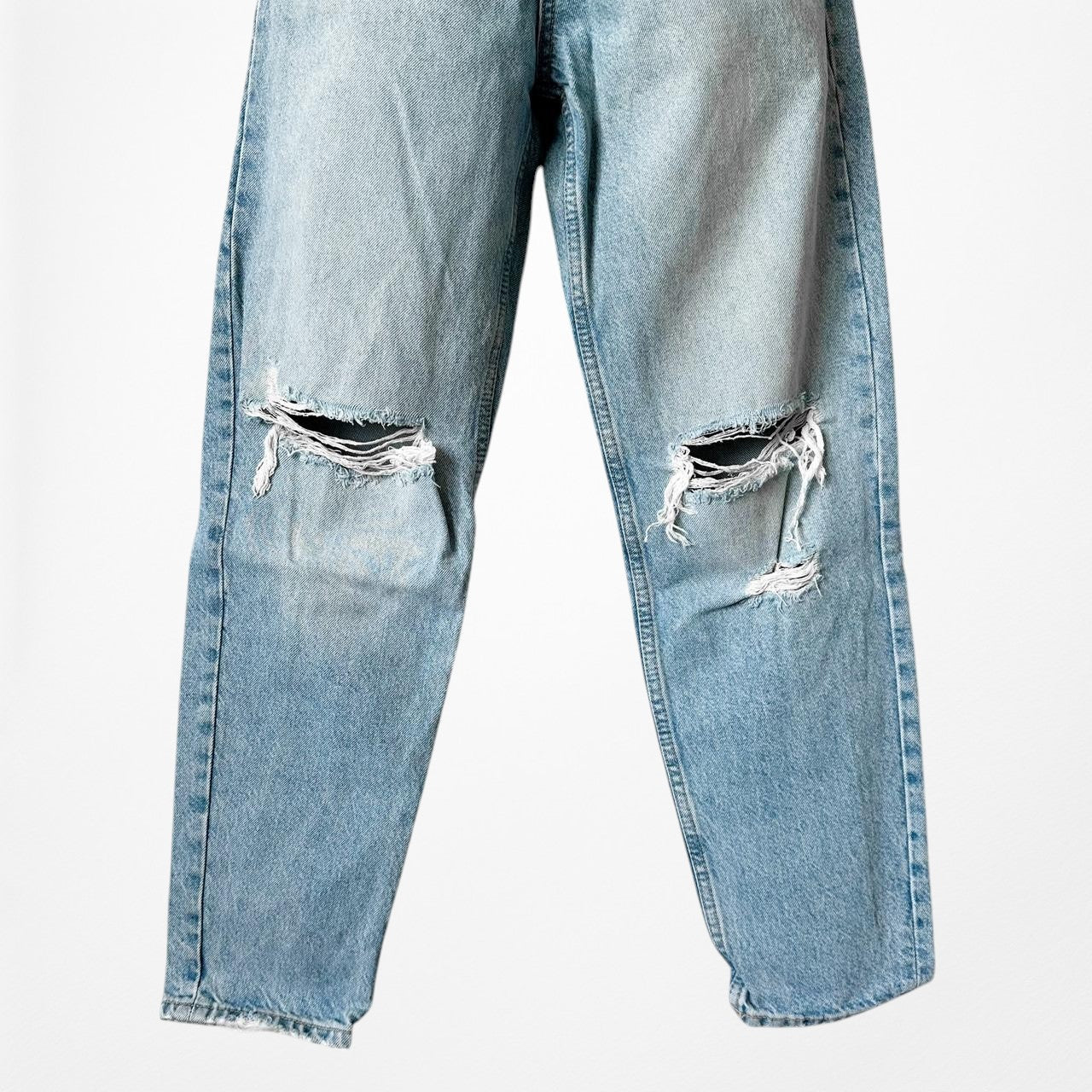 Zara Blue Distressed Destroyed Medium Wash Ripped Knee High Waisted Mom Jeans XS