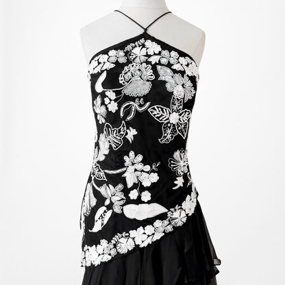 Black White Silk Floral Beaded Ruffle Fit Flared Maxi Prom Dress Size S