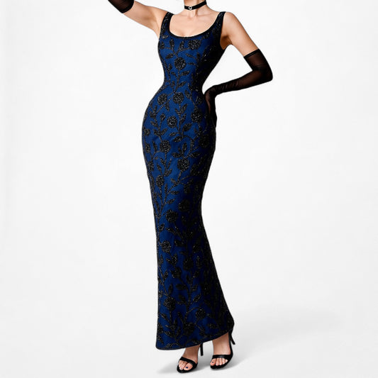 Vintage Blue Floral Beaded Silk Bodycon Maxi Formal Prom Dress Size XL