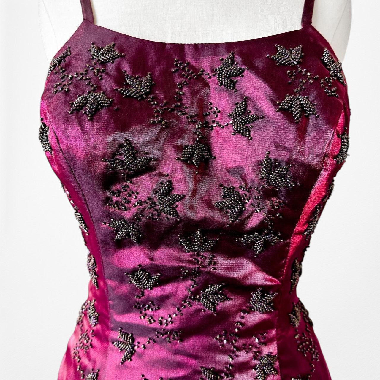 Vintage Burgundy Red Satin Beaded Fit Flared Maxi Prom Dress Size S