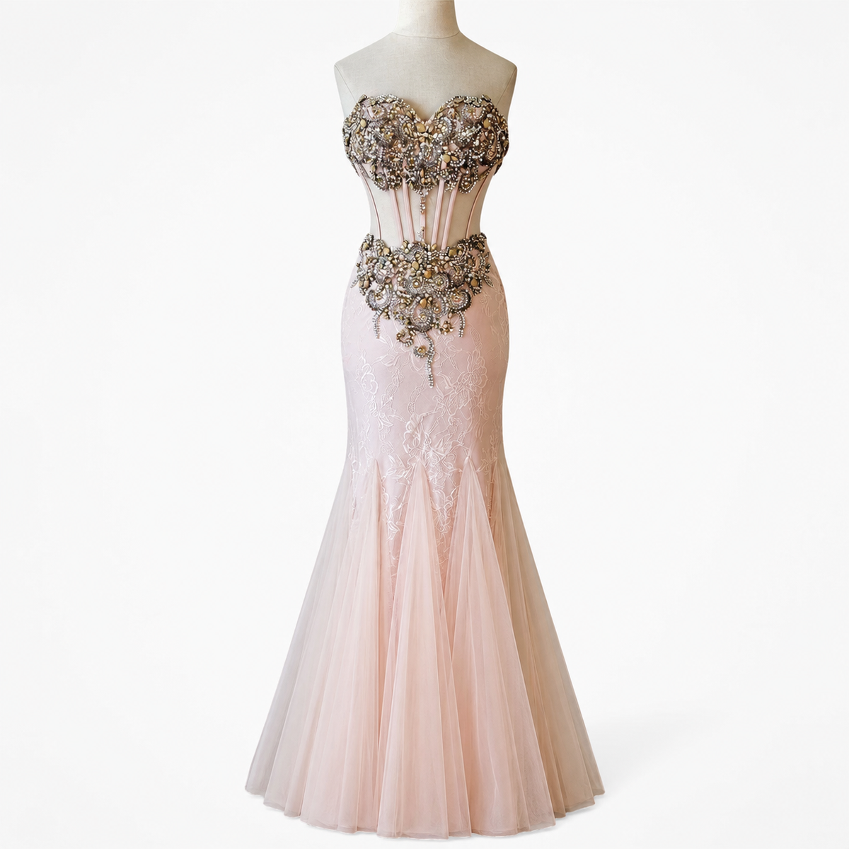 Vintage Pastel Pink Strapless Rhinestone Beaded Maxi Prom Dress Size XS
