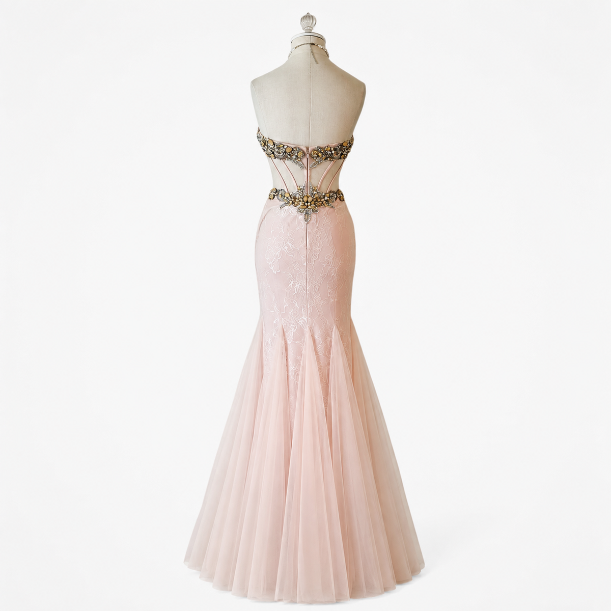 Vintage Pastel Pink Strapless Rhinestone Beaded Maxi Prom Dress Size XS