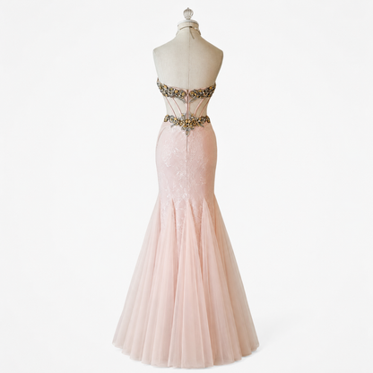 Vintage Pastel Pink Strapless Rhinestone Beaded Maxi Prom Dress Size XS