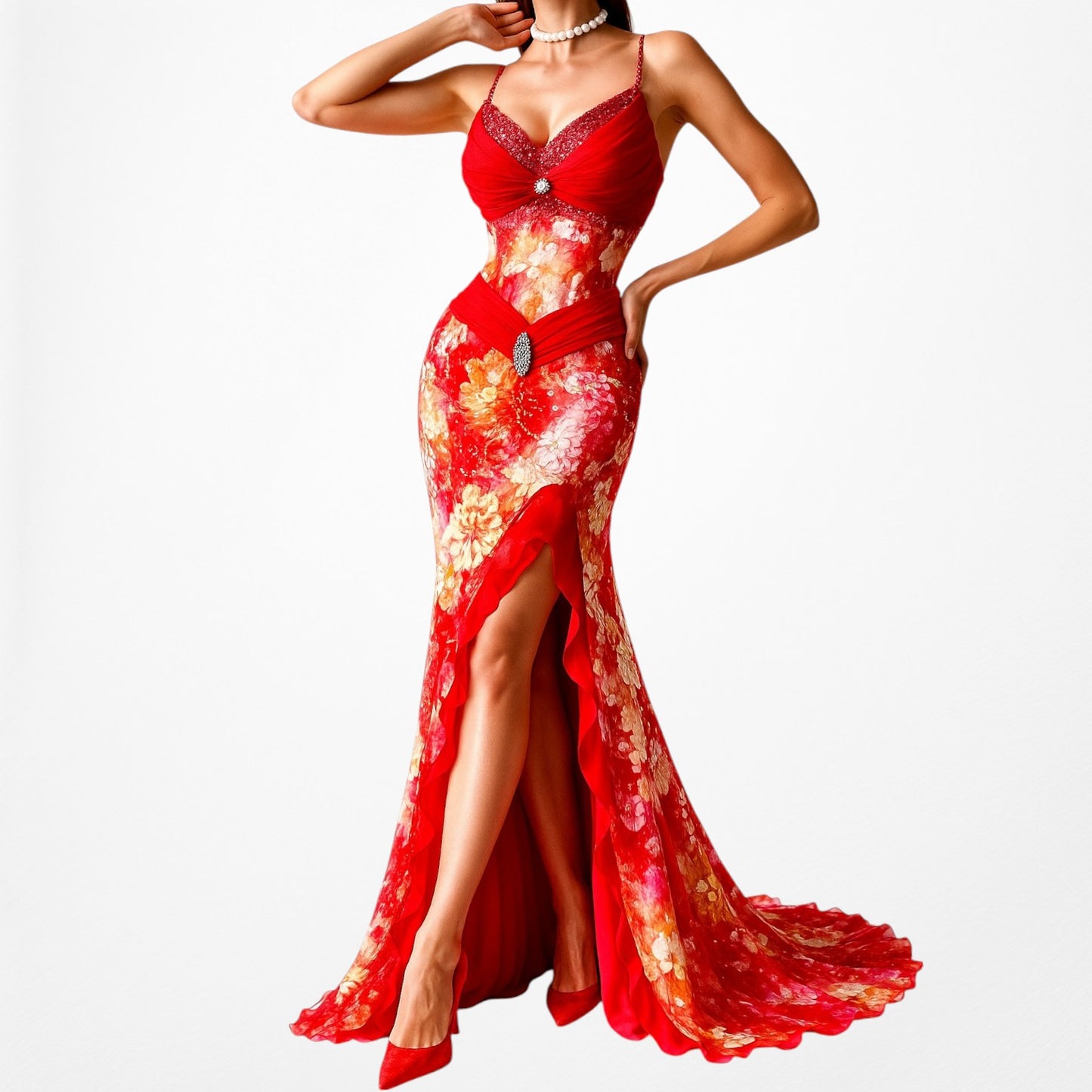 Vintage Red White Geometric Print Silk Ruffle High Low Maxi Prom Dress Size S