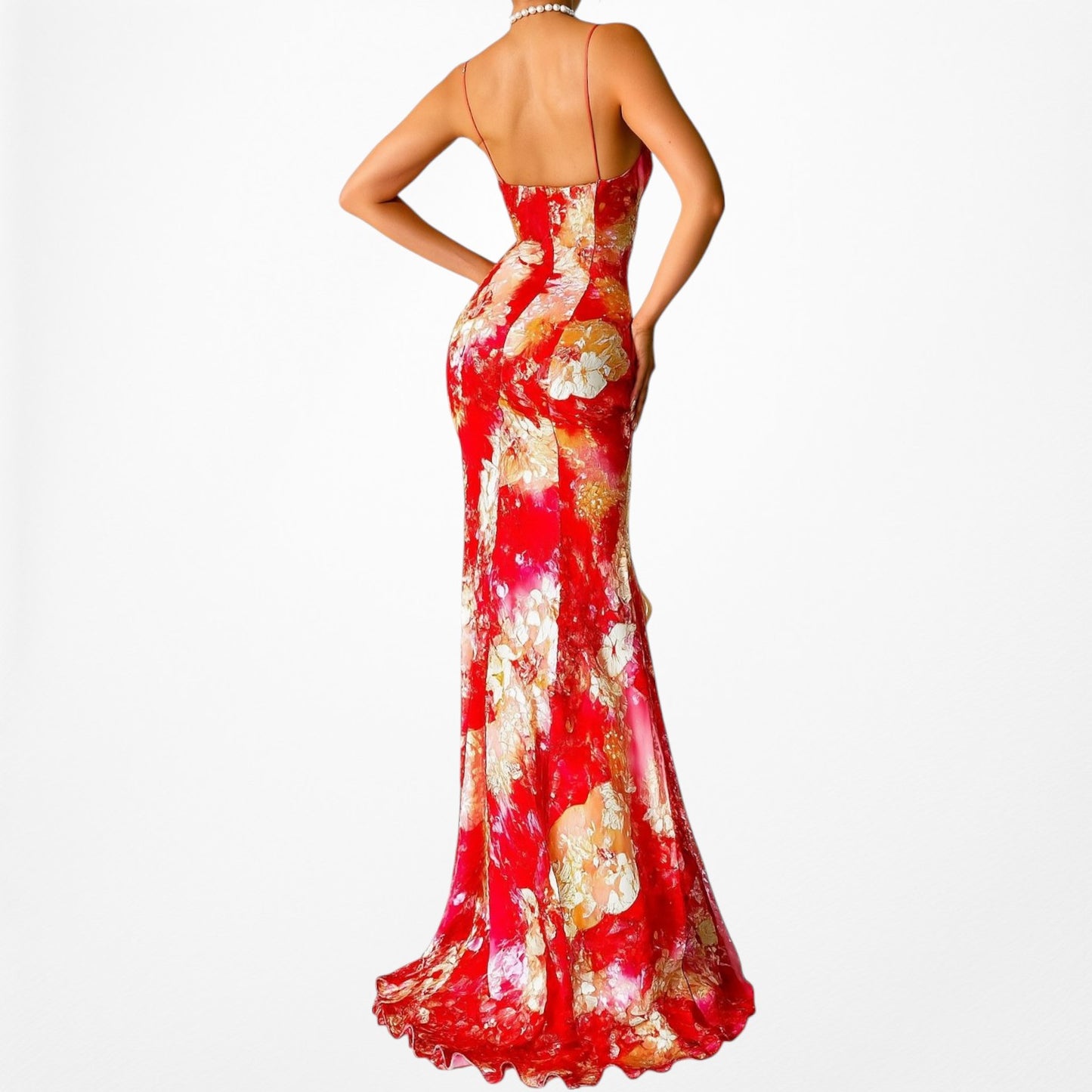 Vintage Red White Geometric Print Silk Ruffle High Low Maxi Prom Dress Size S