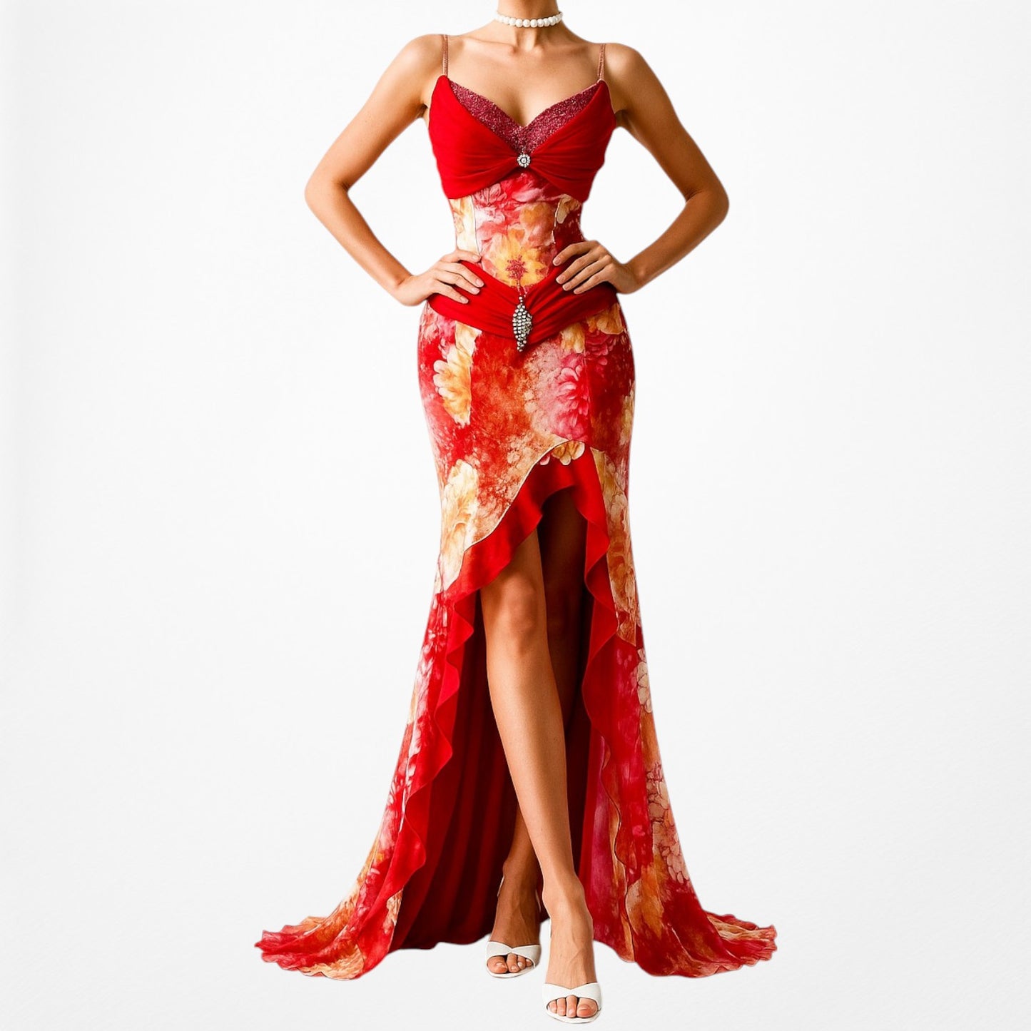 Vintage Red White Geometric Print Silk Ruffle High Low Maxi Prom Dress Size S