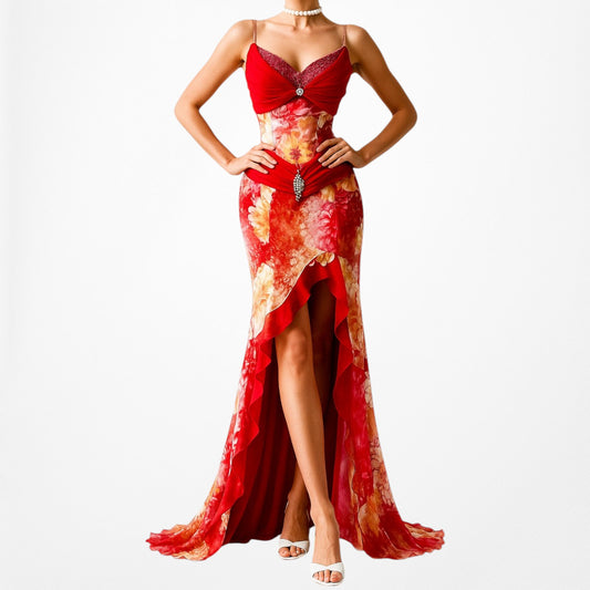 Vintage Red White Geometric Print Silk Ruffle High Low Maxi Prom Dress Size S