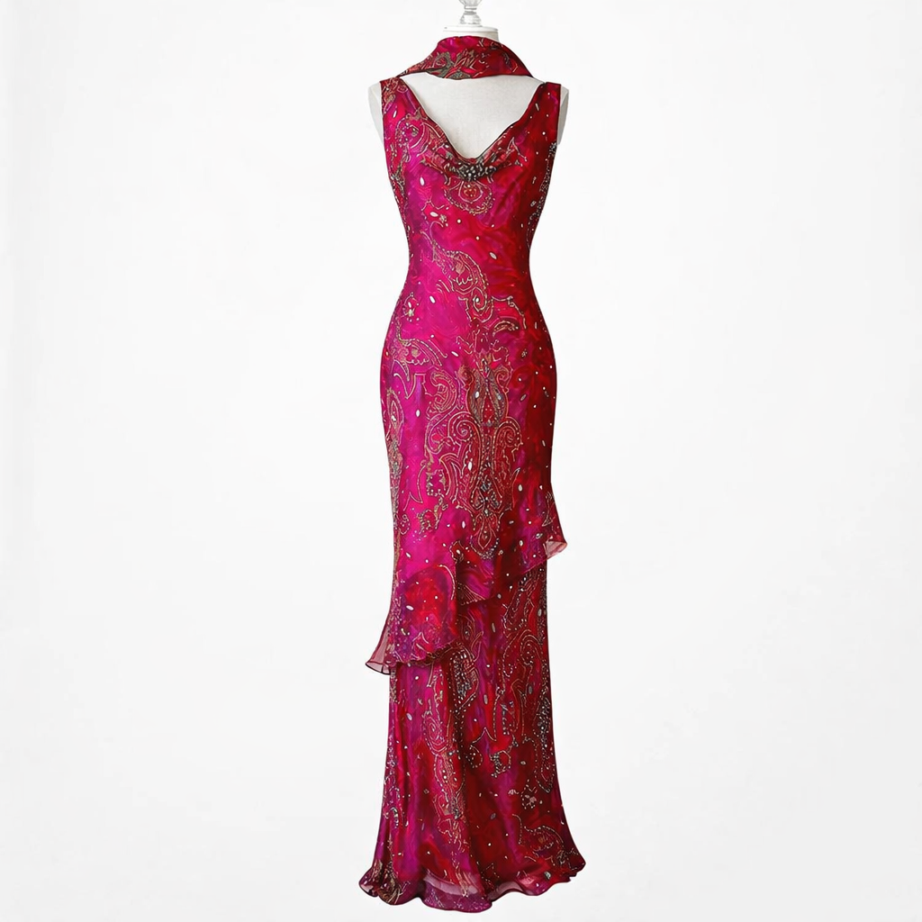 Vintage Y2K Pink Beaded Cowl Neck Silk Bodycon Maxi Prom Dress Size M