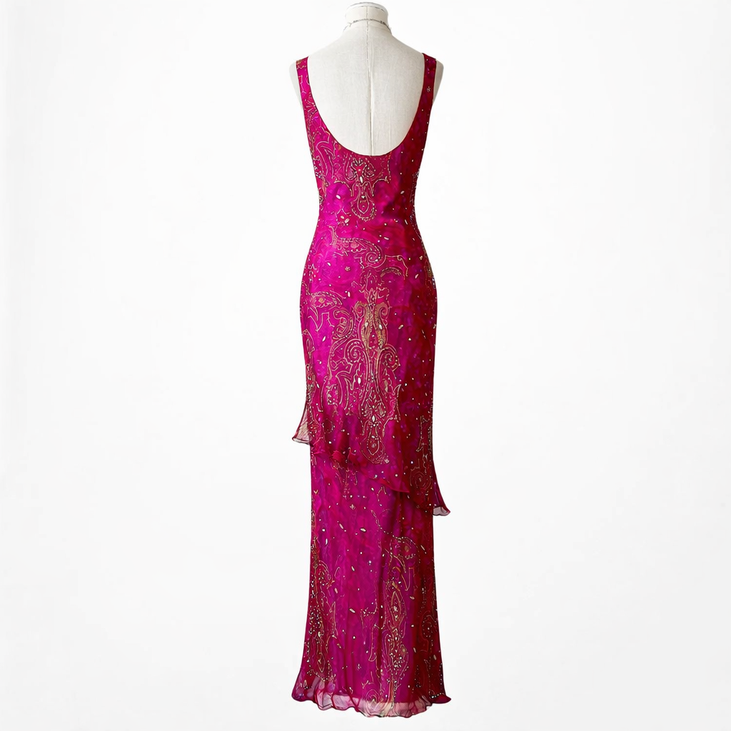 Vintage Y2K Pink Beaded Cowl Neck Silk Bodycon Maxi Prom Dress Size M